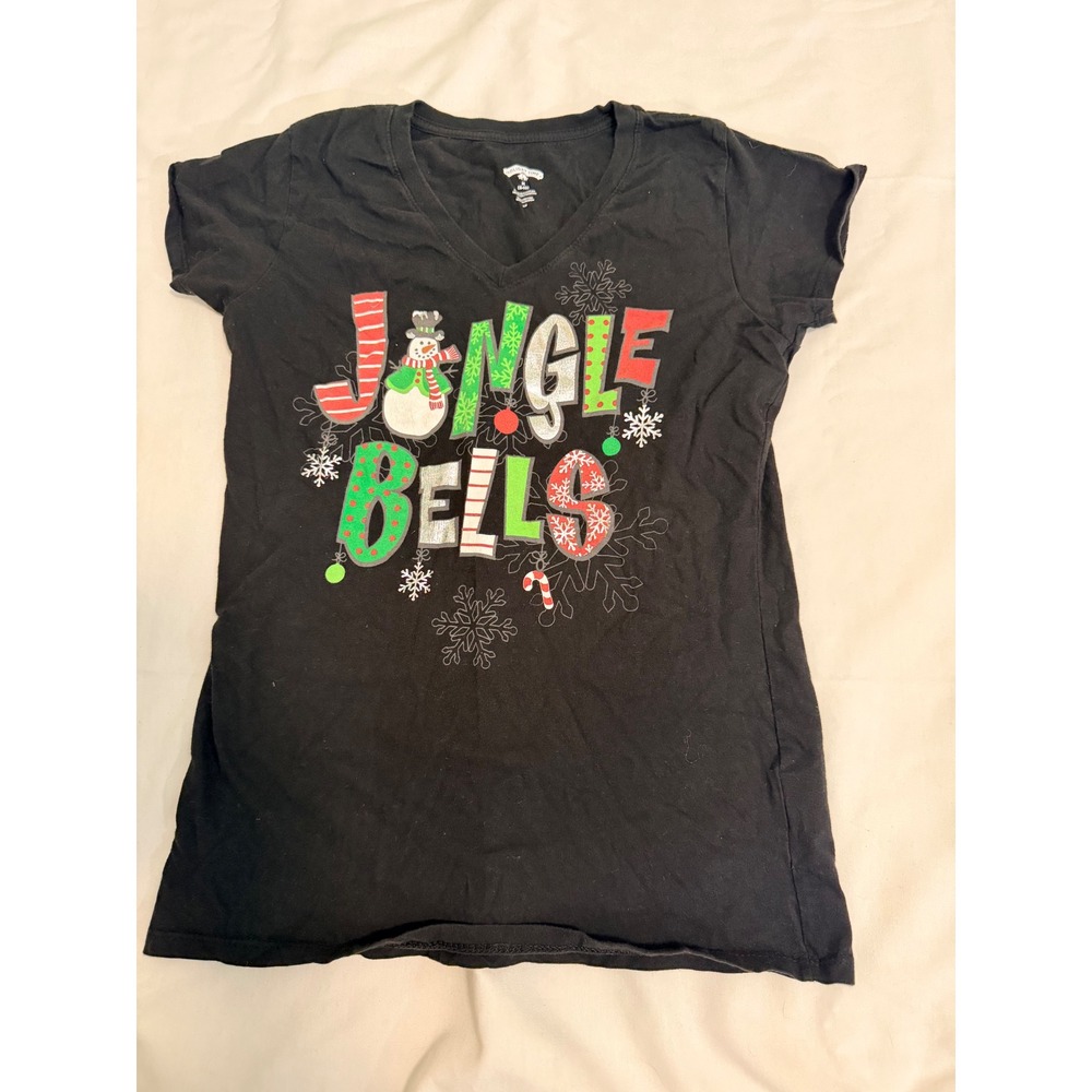 Holiday Time Womens Jingle Bells Snowman Graphic V-Neck Tee Black M 8-10